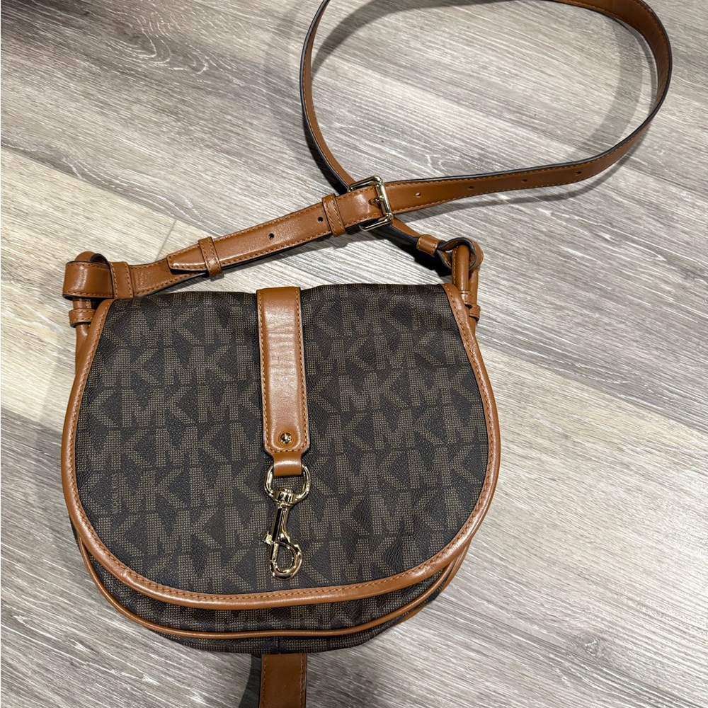 Michael Kors Brown & Tan MK Signature Crossbody Saddle Bag